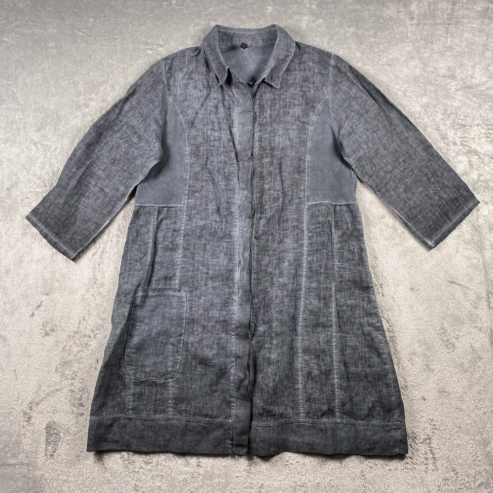 Inizio Shirt Dress Womens Size M Grey Linen Lagenlook Boho 3/4 Sleeve Button Up